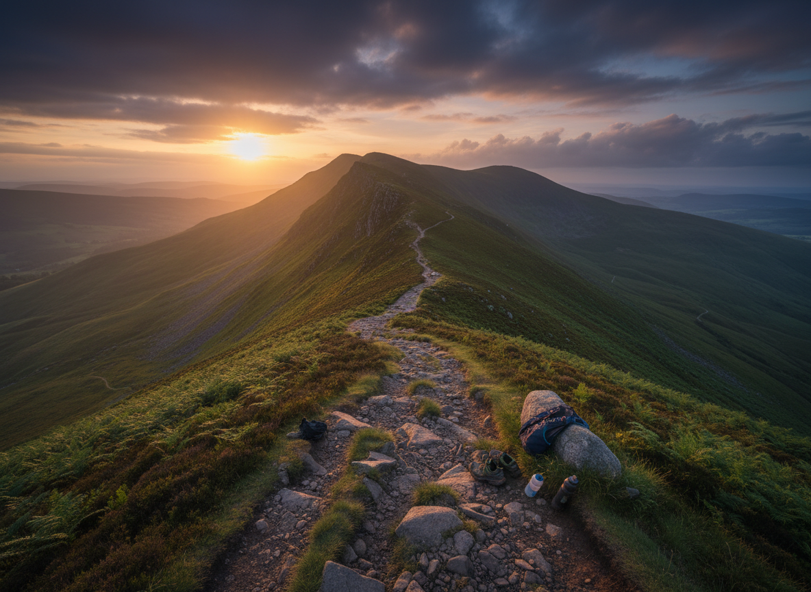 Dramatic wide landscape of the Wicklow mountains at golden hour, misty green rolling hills and a rugged trail winding up a mountainside